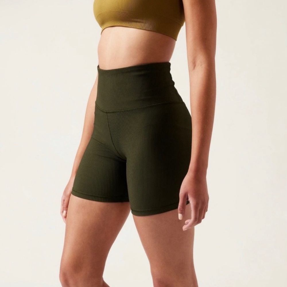 Athleta Elation Ribbed 7" High Waisted Rise Olive Green Biker Shorts